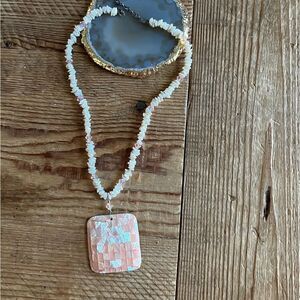 Natural Pearl and Crystal Necklace with Mosaic Mother-Of-Pearl Pendant in Pink